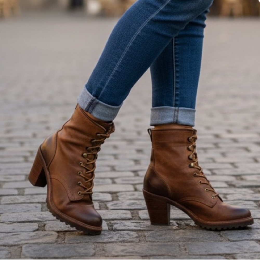 $498 Frye Lucy Vintage Lace-Up Distressed Brown Leather Heeled Moto Ankle Boot